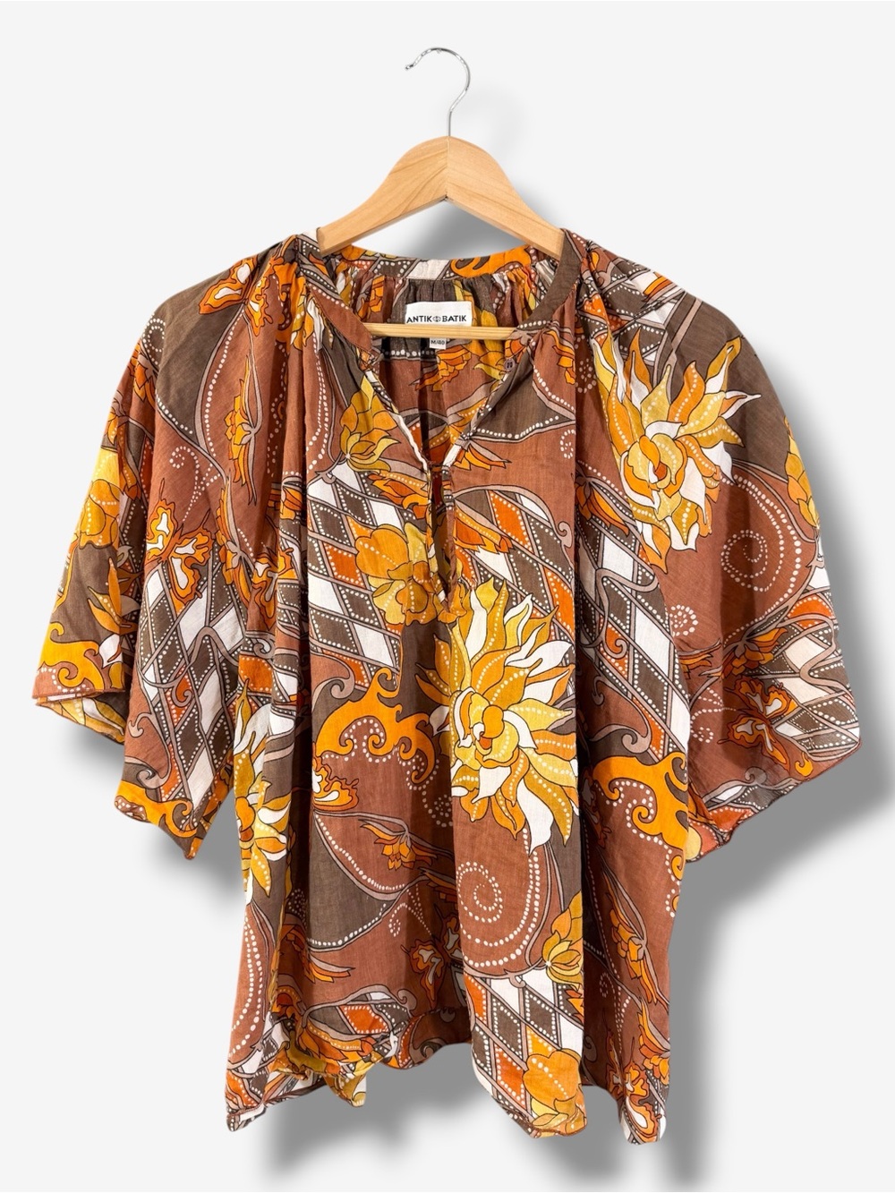 Antik Batik Ramba Blouse Size M/40 Brown Yellow Floral Flutter Sleeve Cotton